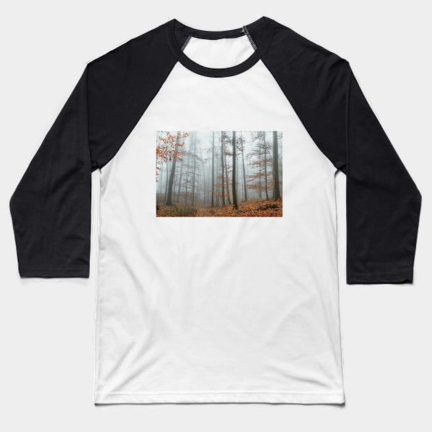 Autumn Mood, Forest with Fog. Baseball T-Shirt by Salogwyn